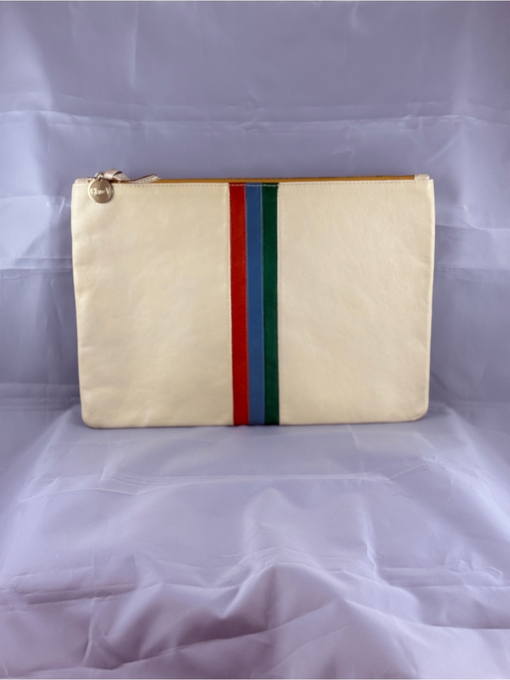 Clare V. Cream Leather Flat Clutch Pouch Striped